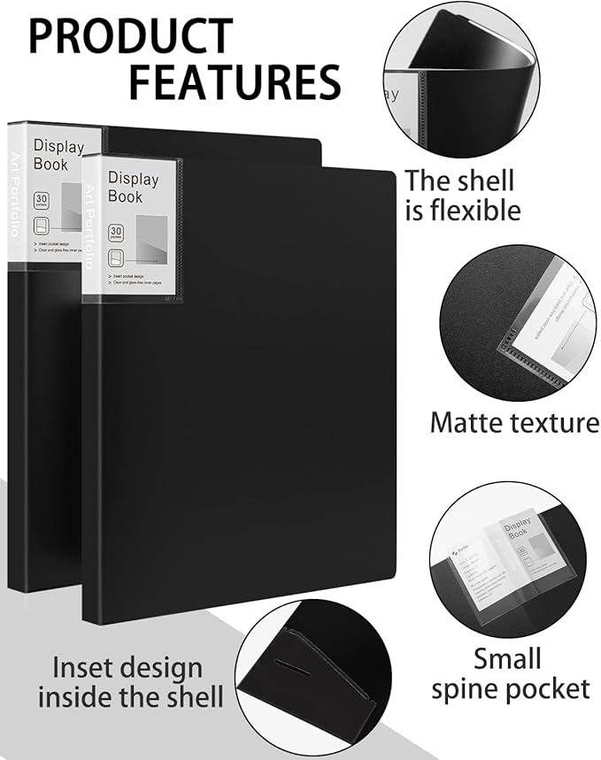 Binder with Plastic Sleeve 4 Pack 8.5"x11" Demo Book Black Portfolio Folder with Protective Film 30 Pockets 60 Page Capacity