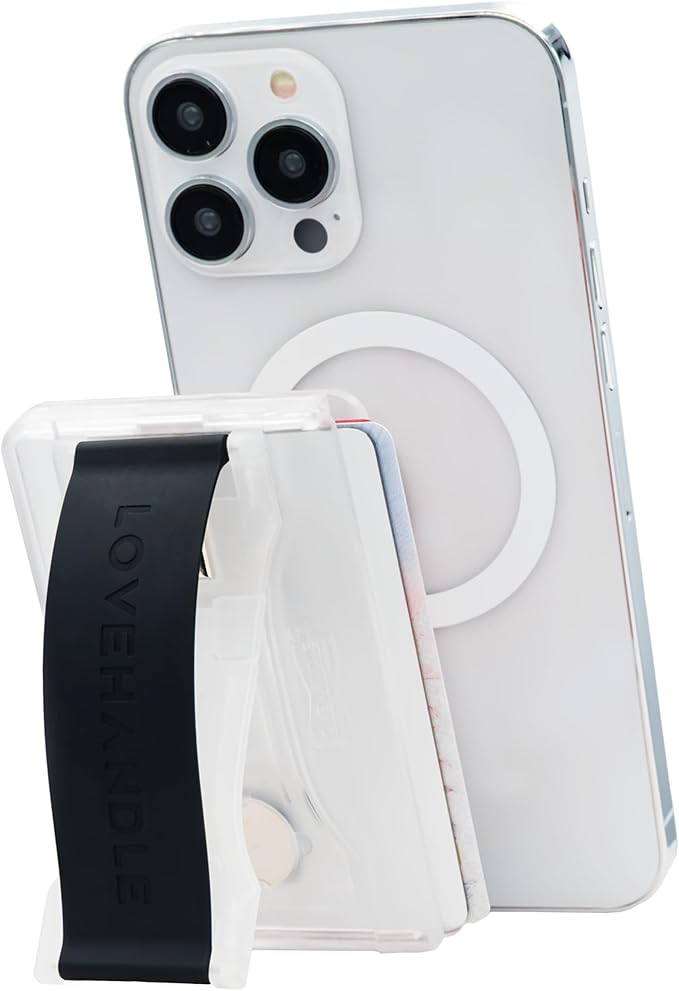 LoveHandle Phone Wallet with Kickstand and Adapter Ring for MagSafe, Phone Card Holder, Wireless Charging Compatible, Wallet Compatible with MagSafe - Black on Clear Wallet