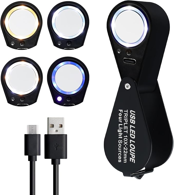 10X Jewelers Loupe with UV & LED Lights with Four Light Modes,22mm Portable Pocket Folable Loupe Jewelry Magnifier for Jewelry, Rocks, Coins (Black)