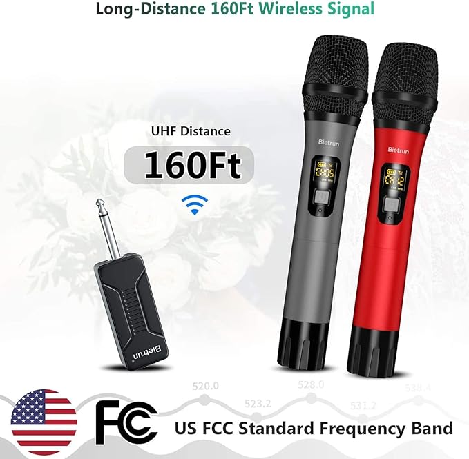 Bietrun UHF Wireless Microphone with 1/4'' Plug Rechargeable Receiver, 160 Feet, Professional Metal Dual Handheld Cordless Dynamic Mic System for Karaoke, Wedding, Singing, DJ, Party, Speech, Church