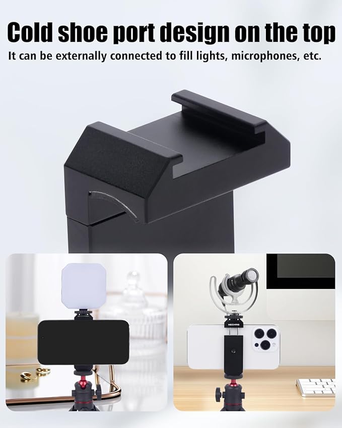 Universal Cold Shoe Phone Clamp Mount with Triple 1/4" Screws - 60-80mm Silicone Grip for iPhone Samsung Vlog Live Streaming Camera Accessories 84001