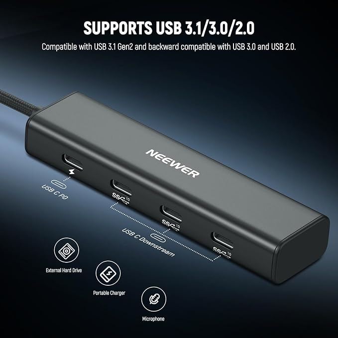 NEEWER USB C Hub Dock with Cold Shoe Adapter, 4 in 1 Multiport Adapter Dongle with 3X USB C Port 3.1 Gen2 & 1x 100W PD, 10Gbps Compatible with iPhone 16 15 iPad Mac Android PC Laptop, PS020E