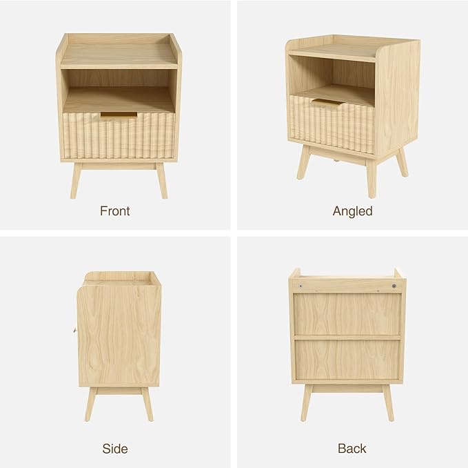 Modern Fluted Nightstand with Drawer and Open Storage Shelf, Bedside Table with Raised Edge, Boho Night Stand with Solid Wood Legs & Metal Handle, End Table for Bedroom Natural