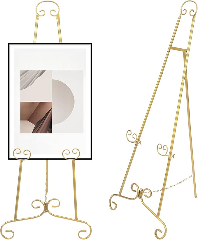 Gold Easel Stand for Sign, Round Tube Scroll Display Easel, Vintage Metal Floor Stand, Adjustable Chain Easel for Wedding Sign, Artwork, Pictures & Commercial Use
