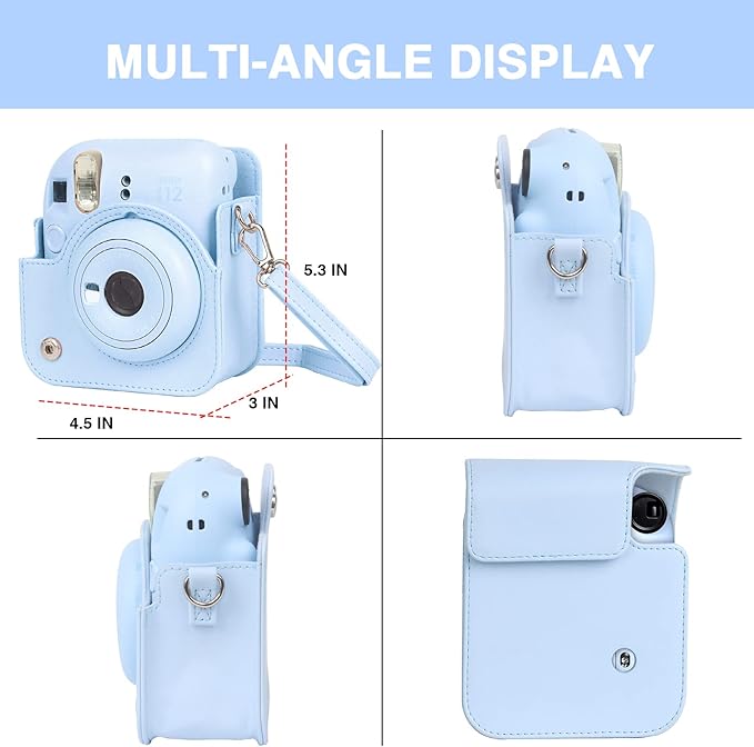 CAIYOULE Camera Case for Fujifilm Instax Mini 12 Instant Film Camera, Leather Protective Camera Crossbody Bag for Fuji Mini 12 with Photo Album, Adjustable Shoulder Strap, Pastel Blue-No Camera