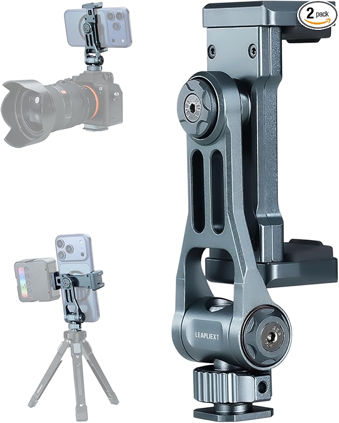 Metal Phone Camera Tripod Holder, 360° Rotatable & 180° Vertical Adjustment, Cold Shoe and 1/4" Thread Port, Compatible with iPhone17Pro Max 16 15 14 and Samsung Phones, Selfie Stick & Camera Cage。