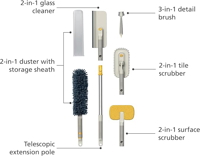 Joseph Joseph CleanTech 6-Piece Cleaning Set with Extension Handle, Includes: Glass Cleaner w/Squeegee, Tile Scrubber, Grout Brush, Surface Cleaner and Duster with Telescopic Pole for Ceiling Fan