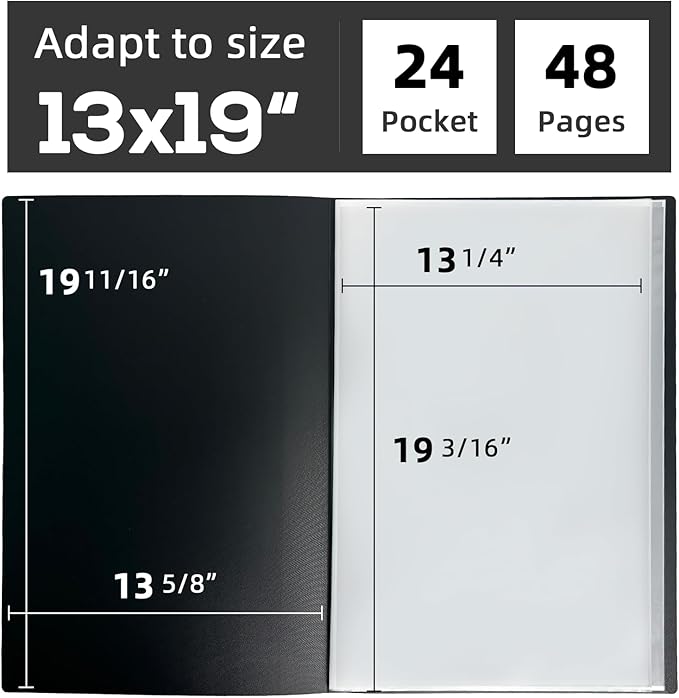 JJRING 13x19 Art Portfolio Folder with Plastic Sleeves, 24-Pocket Portfolio Binder Displaying 48 Pages, Presentation Book with Black Inner Paper for Artwork Storage, Black