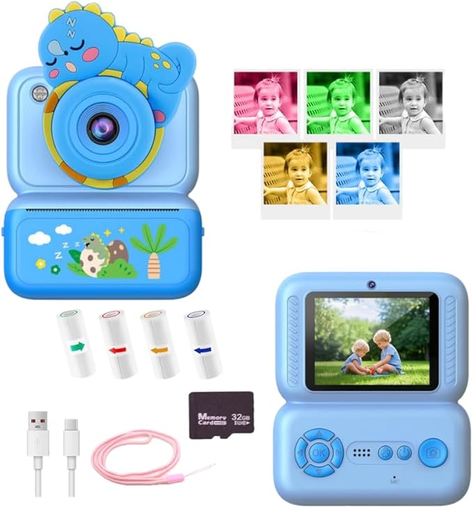 Kids Instant Print Camera, 2.4" HD Screen Instant Camera, Dual 3MP Kids Camera, 1080P Video, MP3 & Games, Includes Printing Paper & Lanyard, Gift for Boys & Girls (Blue-Color Printing)