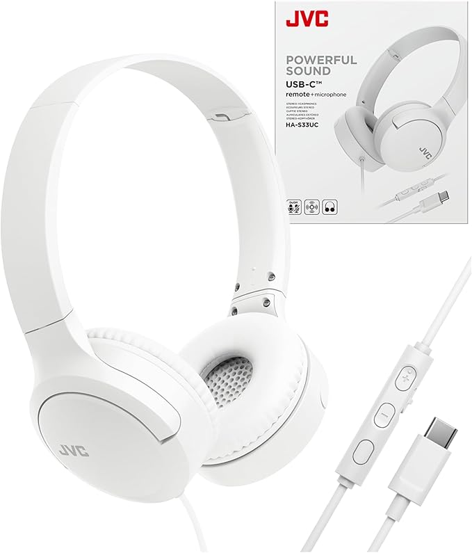 JVC USB-C Wired On-Ear Headphones with Mic – Comfortable All-Day Wear, Clear Calls, Rich Sound – Foldable & Lightweight – Tangle-Free Single-Sided Cable – Great for Gaming & Work from Home