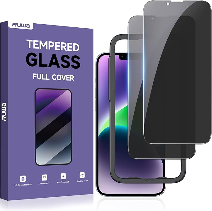 ruwa Privacy Screen Protector for iPhone 13/13 Pro/14/16e [2-Pack][6.1 Inch] Display Tempered Glass Film with Easy Installation Frame, Ultra HD, 9H Hardness, Scratch Resistant, Case Friendly