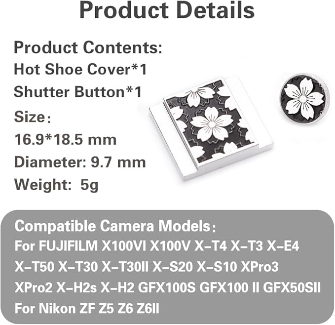 Camera Metal Petal Hot Shoe Cover Shutter Buttons for FUJIFILM X100VI X100V XPro1 X-T4 X-T3 X-T50 X-T30 for Nikon (Set 01)
