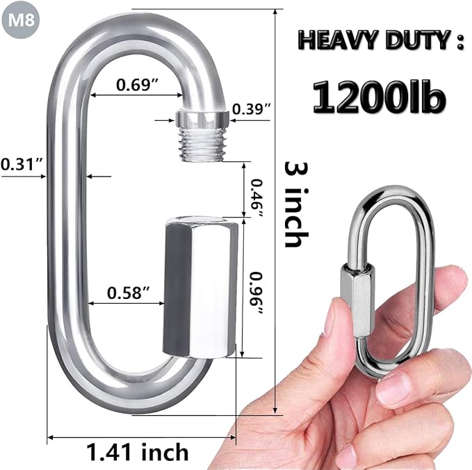 Quick Link, Lsqurel 304 Stainless Steel D Shape Locking Carabiner Heavy Duty Chain Link Keychain for Outdoor Fence Gate Swings Pet Dog M4 M6 M8 M10 Capacity 200lb 600lb 1200lb 2400lb
