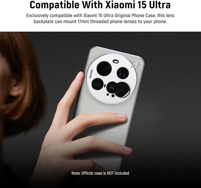 NEEWER 15 Ultra Lens Backplate, Aluminum Alloy 17mm Thread Phone Lens Adapter Holder for Main & Telephoto Cameras, Compatible with Xiaomi 15 Ultra Original Phone Case, PA111 (Silver)