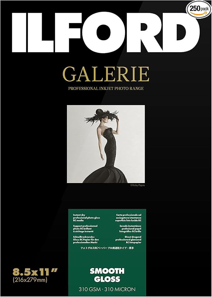 Ilford Galerie 8.5x11” (250 Sheets) Smooth Gloss Instant Dry Archival Photo Inkjet Paper 12mil / 310gsm for Dye and Pigment Ink Printers, Color and Black and White, Made in Germany