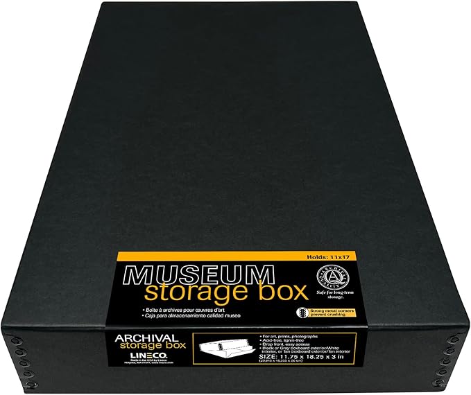 Lineco Museum Archival Storage Box, 11.75x18.25x3 in. Drop Front Design. Acid-Free with Metal Edge. Organize Photos, Pictures, Prints, Documents, Crafts, DIY. Black, 1 Pack
