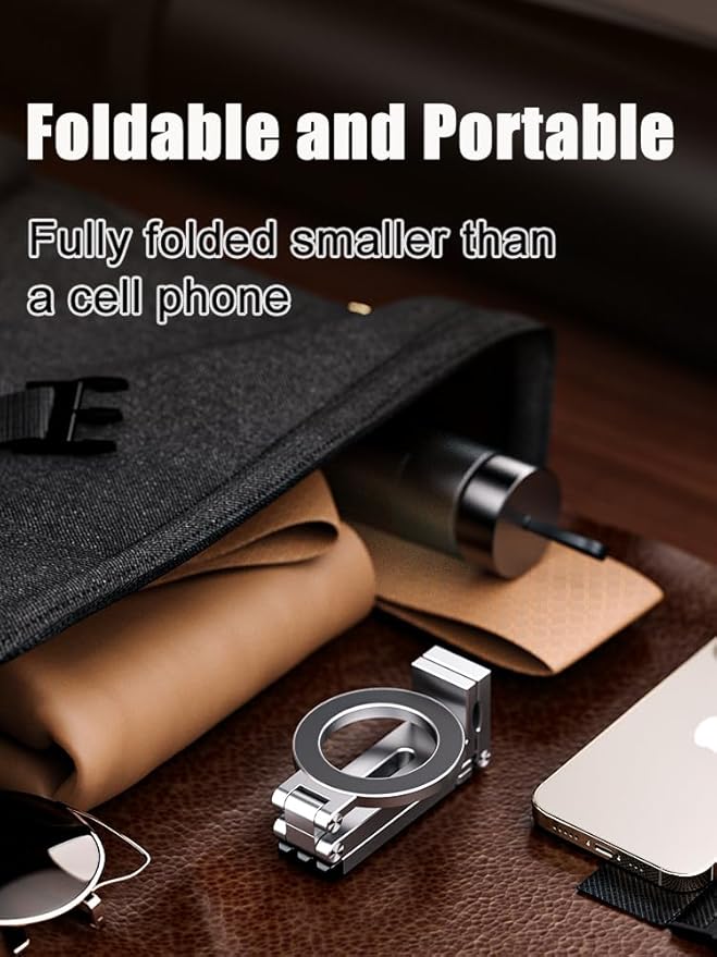 360° Rotating Phone Stand, Adjustable Aluminum Magnetic Phone Tripod for iPhone,Clipable, Foldable Airplane Travel Essentials Accessories