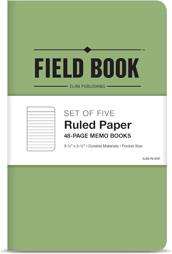 Elan Publishing Company Field Notebook/Pocket Journal - 3.5"x5.5" - Green - Lined Memo Book - Pack of 5