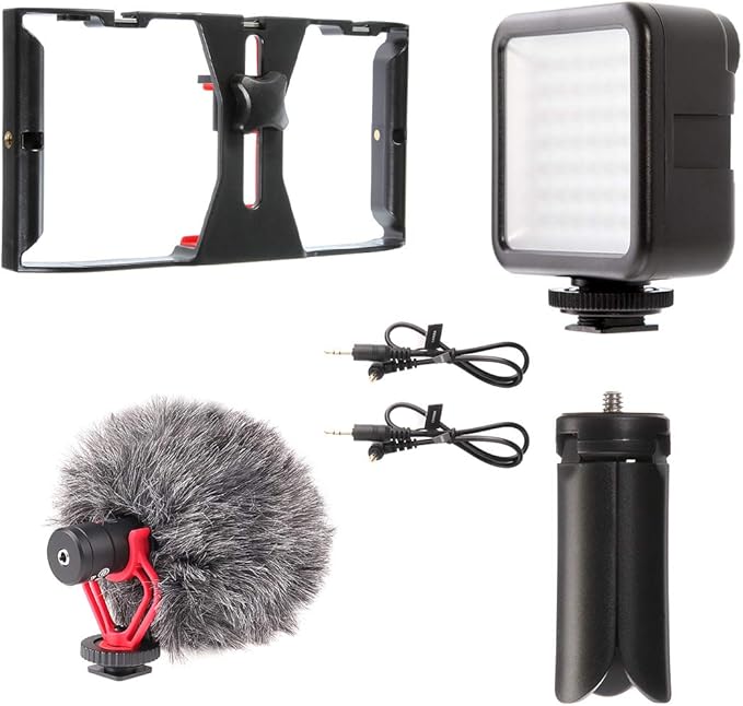 FocusFoto PRO U-Rig Smartphone Video Camera Cage Mount Holder Stabilizer Handle Grip with BOYA by-MM1 Microphone Mic+ 49 LED Light+ Mini Tripod Kit for Mobile Phone iPhone Filmmaking Videomaker