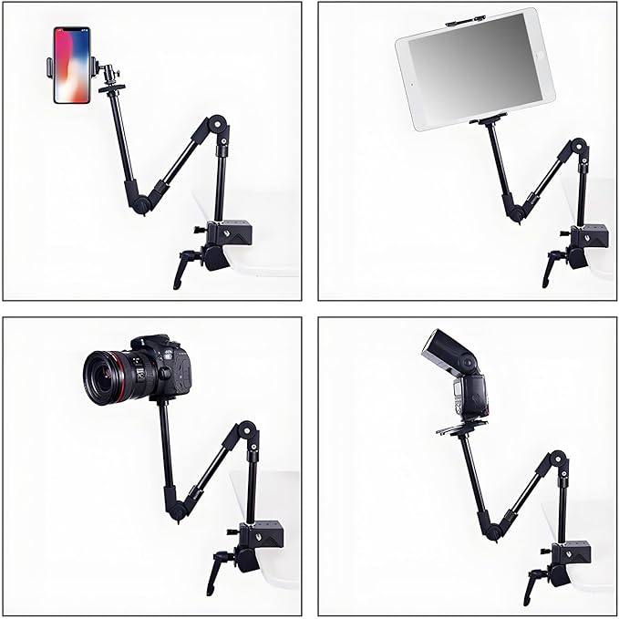 24.8in 3-Section Adjustable Friction Power Articulating Magic Arm, Overhead Camera Mount Bracket with 1/4" Screw, 3/8" Thread Hole and 5/8” Stud for Camera, LCD Monitor/LED Lights