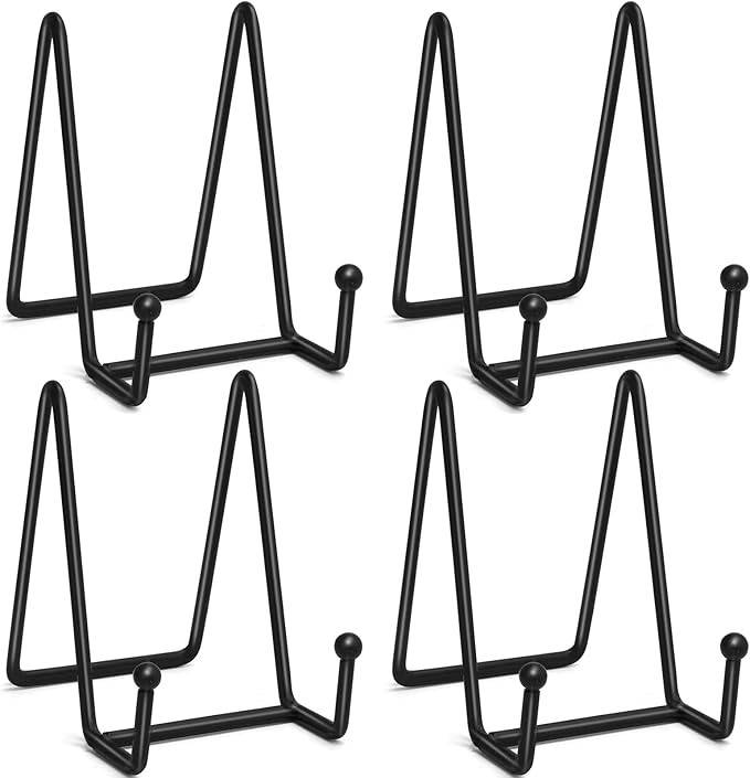 Ouskr 4 Pcs 4-1/4 Inch Plate Stands for Display, Metal Iron Picture Frame Holders Stand for Book Photo Small Easels Plaque Dish Art Tabletop Decorative Black