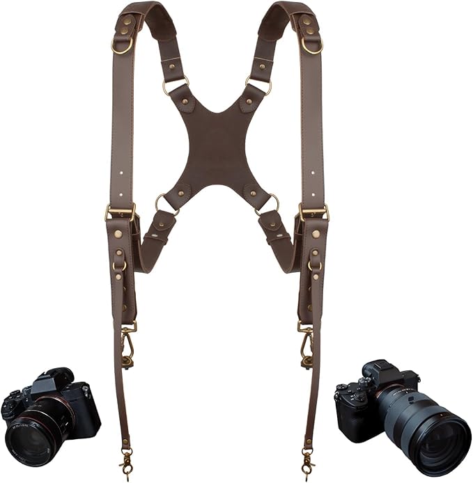 Leather Dual Camera Harness Strap for Photographers,Adjustable Shoulder Crossbody Padded Harness for DSLR SLR