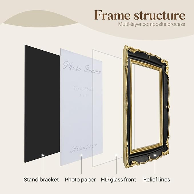 Cuspin 5x7 Picture Frame Black and Gold Frames, Vintage Ornate Textured Hand-Crafted Resin Photo Frame with Glass Front, Decorative Picture Frame for Wall & Tabletop, Retro Frame Home Decor