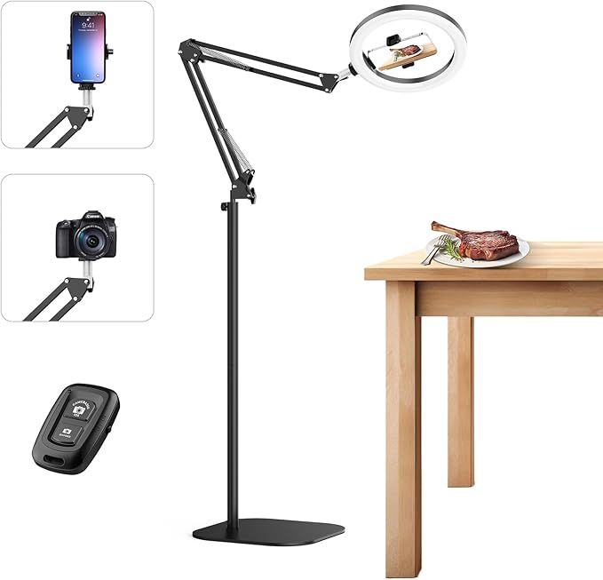 10" Ring Light with Stand Tripod for iPhone, Overhead Phone Camera Mount, Adjustable 70" Height Tripod Holder Floor, Phone Stand for Video Recording Filming Streaming Cooking TikTok YouTube, CRI >95