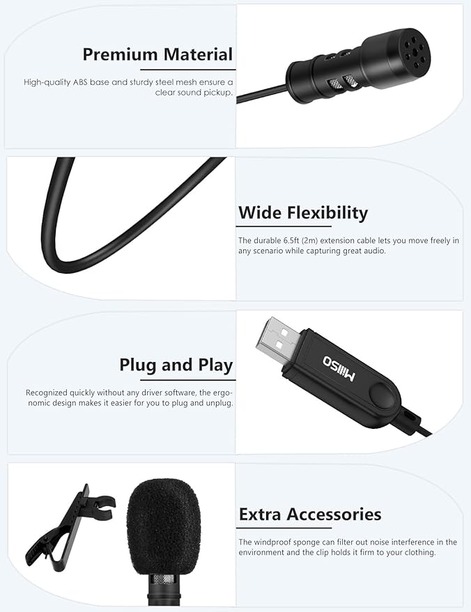 MillSO USB PC Microphone Plug & Play Omnidirectional External Lavalier Mini USB Microphone for Computer, Laptop, YouTube, Meeting, Recording, Podcasting, Gaming - 2M/6.5FT