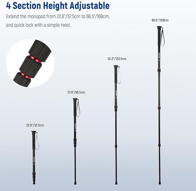 NEEWER 66.5" Camera Monopod Stand, Lightweight Aluminum Travel Selfie Stick for DSLR Camcorder Photography & Video Recording, 1/4" & 3/8" Screw Adapter, Max Load 22lb, TP42
