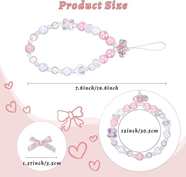 Pink Beaded Phone Wrist Straps, Y2K Phone Case Charms Camera Charm Strap, Lanyard Keychain Wristlet Aesthetic Cellphone Charm