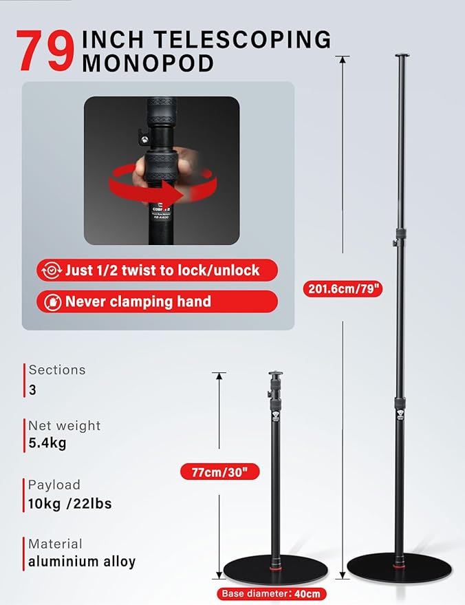 IFOOTAGE A400 Round Base Monopod, 79'' Studio Light Stand with Flat Base, Aluminum Camera Tripod Monopod Stand for Video Recording, Live Streaming, Interview, Payload 22lb