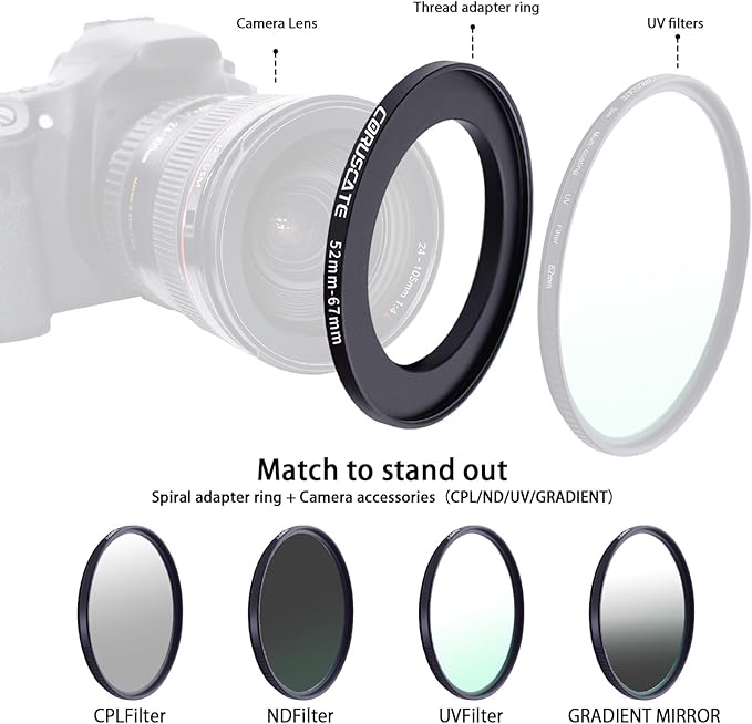 52mm to 67mm Camera Lens Adapter,Change The Filter or Lens Size from 52mm to 67mm.Compatible All 67mm Thread Filter Accessory+1pcs Lens Cleaning Cloth.