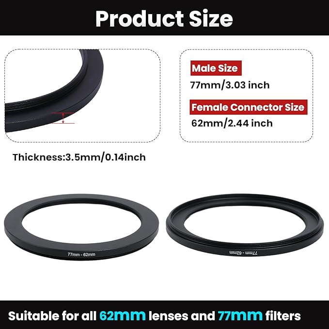 Metal Step Down Ring Filter Adapter - 77mm to 62mm - Metal Ring Step Down Rings Adapter Filter Compatible with All 62mm UV, CPL, ND, Lens Hood, Threaded Lens ect