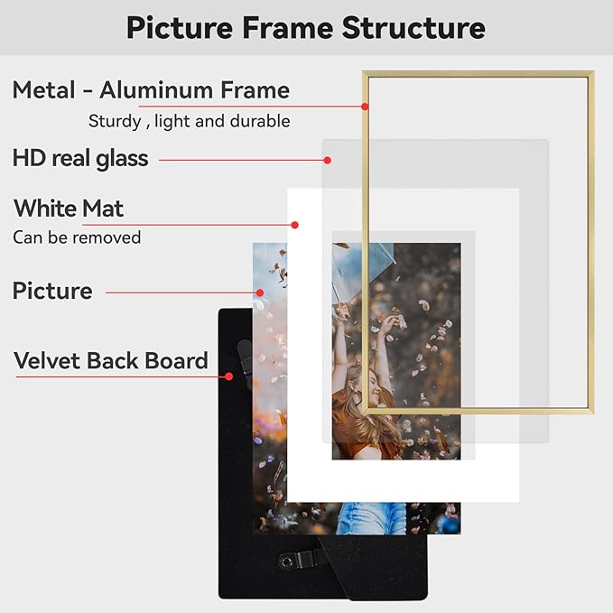 11x14 Picture Frame, Brass Metal Photo Frames with HD Glass, Fits 8x10 with Mat or 11 x 14 without Mat, Display for Wall and Table, 1 Pack