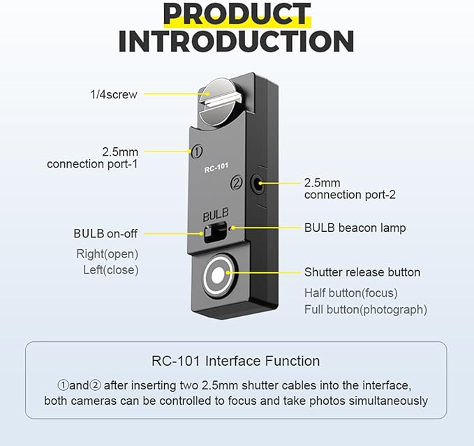RC101-N3 Camera Shutter Remote Control for Canon R5 R5C 5D4 5D3 6d2 1/4 Screw Fixing Small Release Button Handle Two Cameras in sync Release Button