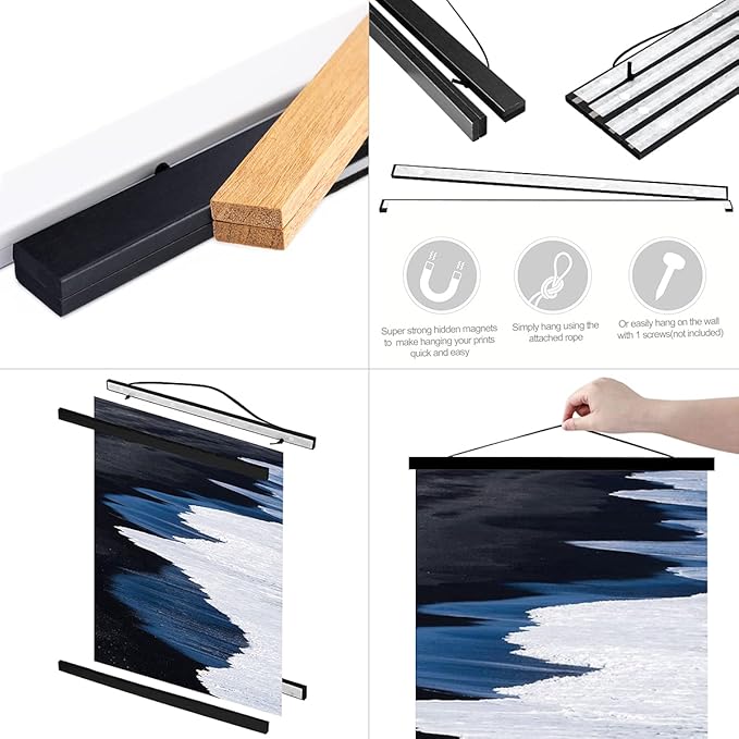 Ywlake Magnetic Poster Hanger, 12x18 12x16 12x24 Poster Frame Wood Wooden Magnet Print Posters Dowel Scroll Hanger Hangers Hanging Kit for Walls Map Canvas Artwork (Black, 12")