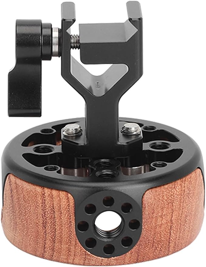 Round Side Camera Handle Handgrip, Wooden Quick Release Rail Rod Clamp, Ergonomic Hollowed Out Design, Aluminum Alloy with CNC Machining, for SLR Camera Mirrorless Camera Cage