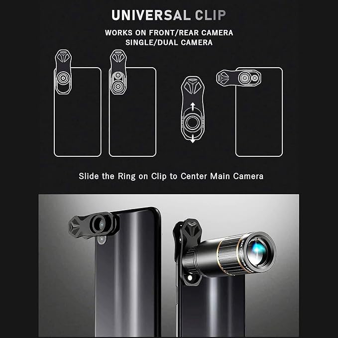 Phone Camera Lens Kit Upgraded Version — Includes 22X Telephoto Lens, 205° Fisheye Lens, 0.67X Wide Angle Lens, 25X Macro Lens, Clip & Mini Tripod for iPhone and Android Phones