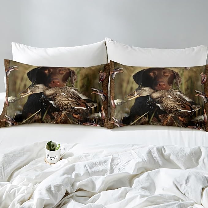 Erosebridal Duck Hunting Sheet Set Dog Hunter Bed Sheets for Kids Boys Girls Wild Animal Mallard Duck Print Fitted Sheet Hunting and Fishing Western Rustic Farmhouse Theme Flat Sheet Queen Size 4 Pcs