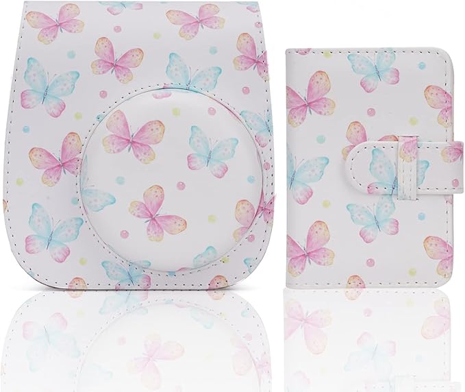 Frankmate Instant Camera Case Compatible with Fujifilm Instax Mini 11/9/8/8+ PU Leather Bag with Pocket and Adjustable Shoulder Strap Mini Photo Album (Pink Butterfly)
