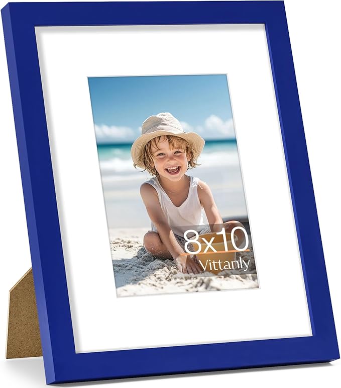 Vittanly 8x10 Picture Frame, Made of Solid Wood and Shatterproof Plexiglass, Display Pictures 5x7 with Mat or 8x10 without Mat, Wooden Photo Frame for Wall Mounting or Tabletop, Royal Blue, 1 Pack