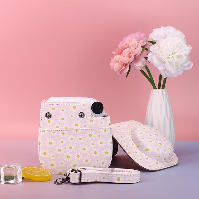 Frankmate Protective Case Fit for Fujifilm Instax Mini 12 11 9 8 Camera, PU Leather Camera Bag with Pocket and Adjustable Shoulder Strap (Pink Daisy)