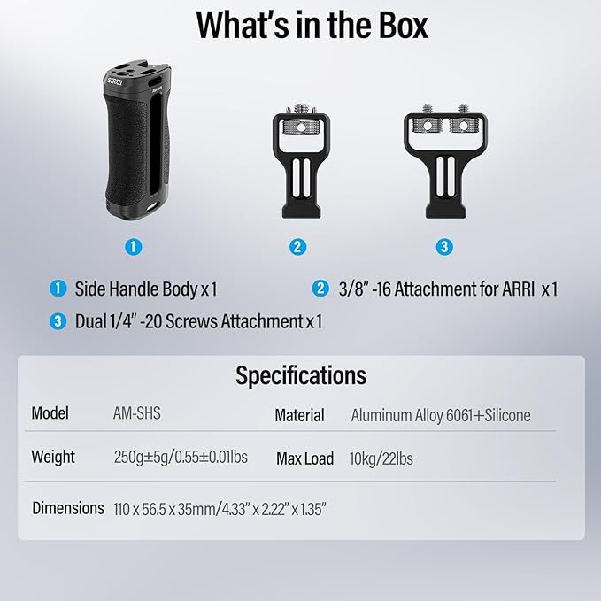 SIRUI Side Handle with Locating Mount for ARRI and Dual 1/4" Screw Mount Optional, Lightweight Camera Handgrip with Cold Shoe, Multiple Threads, Up and Down Adjustable Side Grip, AM-SHS(Pack of 1)