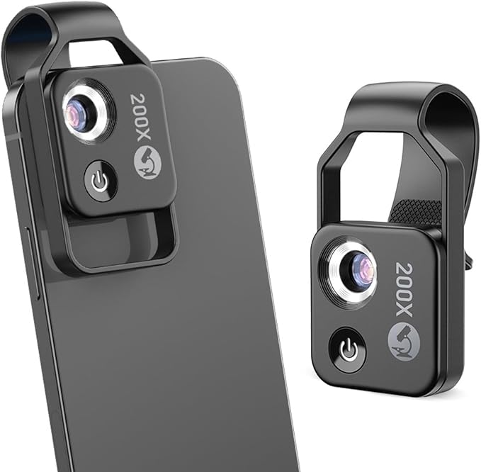 FLEXMAN 200X Phone Pocket Microscope with CPL Lens, USB Rechargeable Portable Digital Microscope Camera Attachments with Universal Phone Clip for Smartphones, Gardener, Watch, Jewelry(Black)