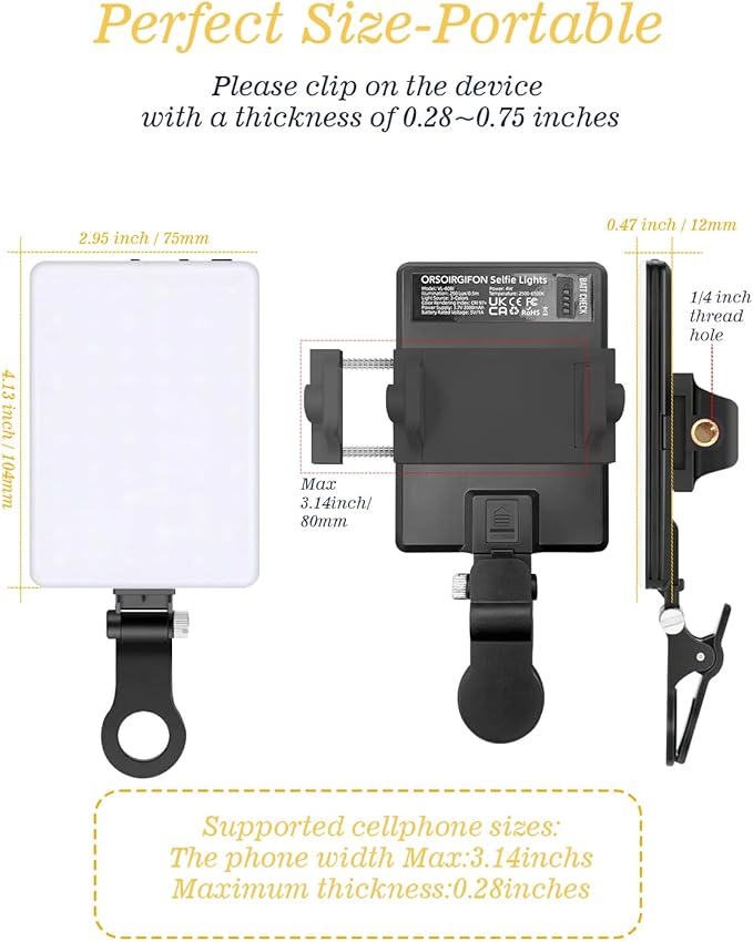 60 LED Portable Selfie Light Video Conference Lighting with Clip & Camera Tripod Adapter Rechargeable 2000mAh CRI 97+, 3 Light Modes for Phone iPhone Webcam Laptop Photo Makeup
