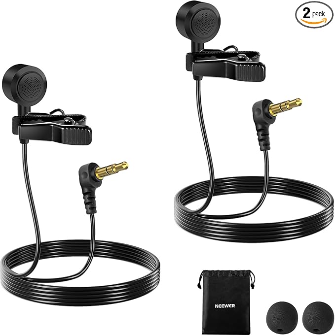 NEEWER ø9.7mm Lavalier Microphone (2 Pack), 3.5mm TRS Clip On Lapel Wired Omnidirectional Condenser Lav Mic with 1.5m Cable & Windscreen for Video Recording, Vlogging, Filming, LM10