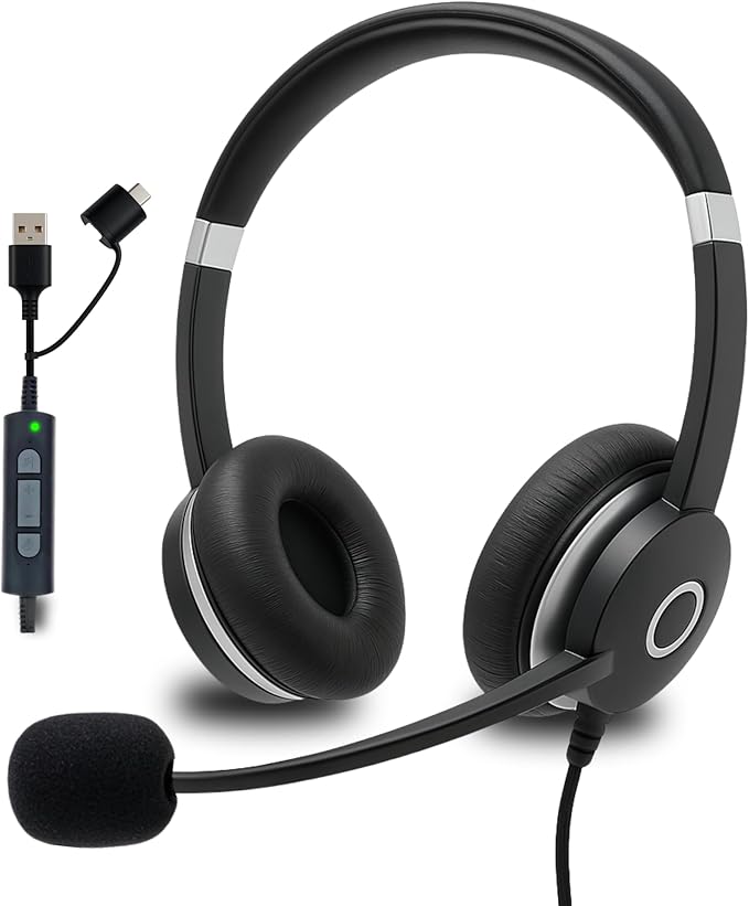Spracht USB Wired Headphones for Work, WorkIT! Dual Ear Computer Headset with Microphone, USB A & USB C Head Sets, Comfortable Wired Headphones with Microphone for Work, Online, Office