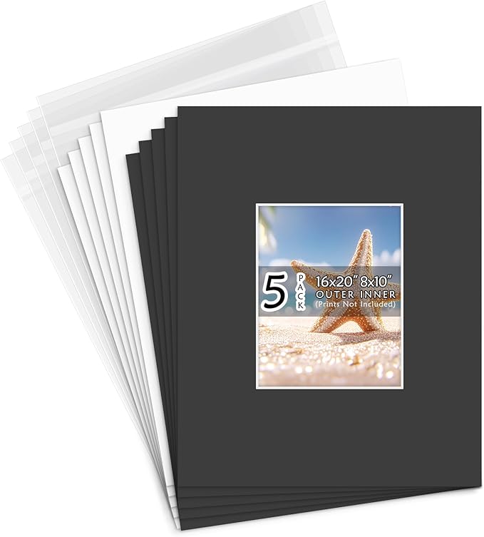 Golden State Art, Acid Free, Pack of 5, 16x20 Black Picture Mats Mattes with White Core Bevel Cut for 8x10 Photo + Backing + Bags
