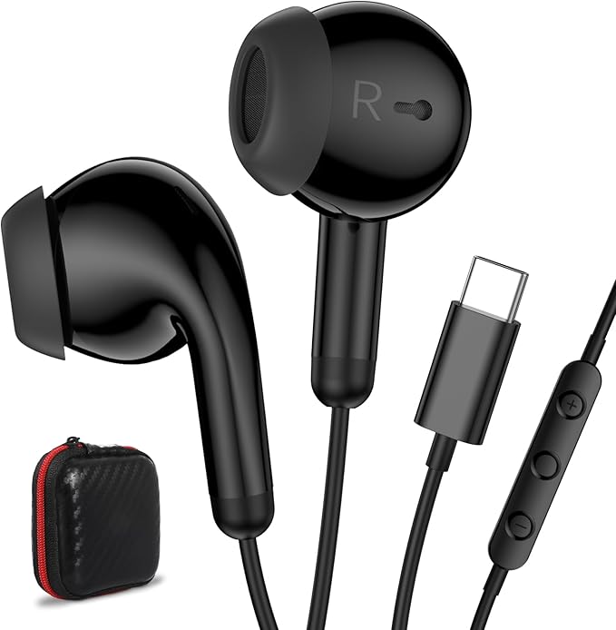 USB C Earbuds Wired USB Type-C Headphones for Apple iPhone 17 16 15 Pro/iPad 10th Generation for Galaxy S26 Pixel 10 Earphones with Microphone Volume Control Noise Isolating HiFi Stereo Headset Black